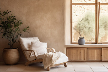 Lounge chair against of window near beige stucco wall. Rustic interior design of modern living room in country house.