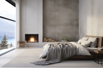 Minimalistic Luxury Bedroom with Panoramic Ocean View, Soft Neutral Bedding, Fireplace, and Polished Concrete Wall with Sunlight Streaming In