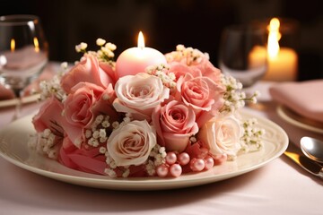 Obraz premium Floral arrangement with a candle, romantic table decoration with fresh flowers