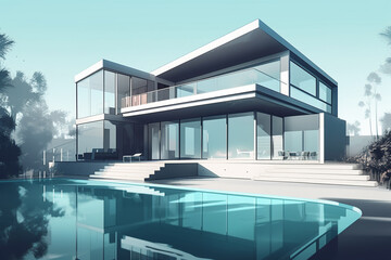 3d rendering of modern cozy house with pool and parking for sale or rent in luxurious style