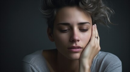 Fototapeta premium A melancholic young woman, isolated on a gray background, caught in a moment of solemn reflection, portraying a deep emotional narrative.