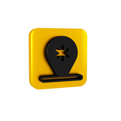 Fototapeta premium Black Medical map pointer with cross hospital icon isolated on transparent background. Yellow square button.