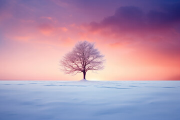 Winter landscape with lonely tree in snow at sunset.