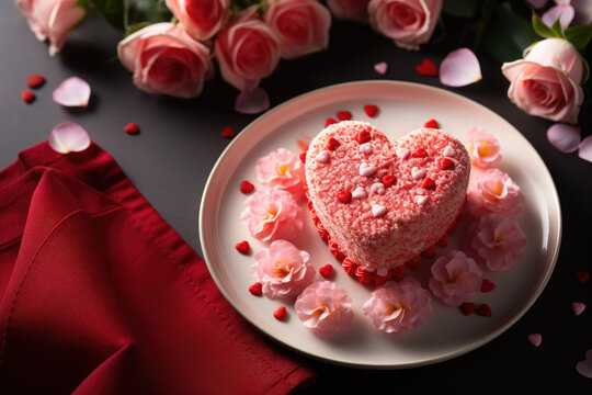 Heart shaped dessert on a white plate with sprinkles surrounded by flowers, Valentine's Day