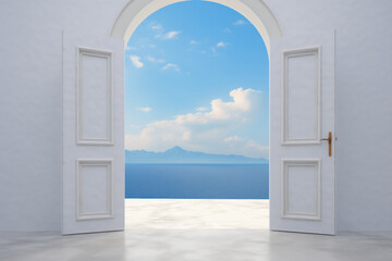 Clear Sky Reflections: Beautiful Architecture and Open Doorway Overlooking the Sea