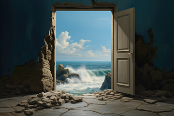 Conceptual scene with open door to the sea or ocean. - obrazy, fototapety, plakaty