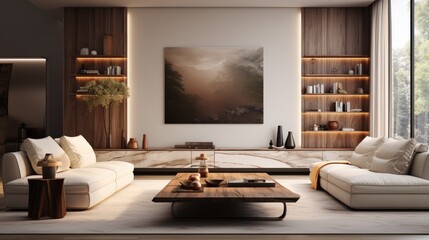Modern interior design. Contemporary living room with open concept view. Spacious villa interior with cement wall effect