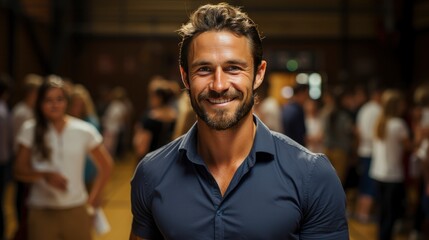 Fototapeta premium Smiling man in crowd, emanating confidence amid bustle.