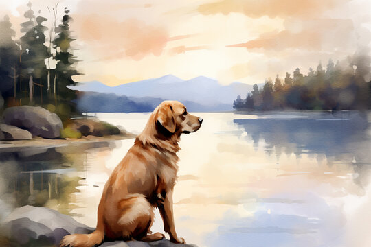 Serene Paws: A Digital Watercolor Painting of a Dog Enjoying a Tranquil Lakeside Camp