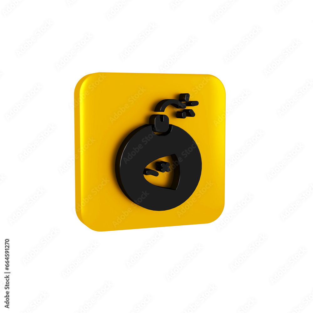 Poster black bomb ready to explode icon isolated on transparent background. yellow square button.