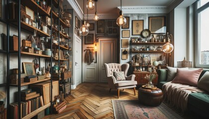 Wide-angle shot of a chic hipster apartment, showcasing eclectic decor. A cozy reading nook with a vintage armchair sits next to a shelf full of antique trinkets and books. Edison bulb lighting. - obrazy, fototapety, plakaty