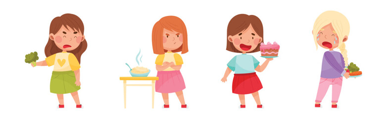 Kid Characters Showing Likes and Dislikes Towards Different Food Vector Illustration Set