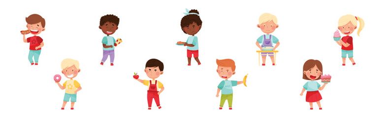 Kid Characters Showing Likes and Dislikes Towards Different Food Vector Illustration Set