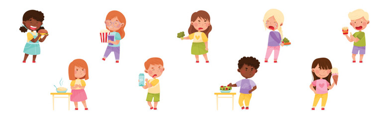 Kid Characters Showing Likes and Dislikes Towards Different Food Vector Illustration Set - obrazy, fototapety, plakaty