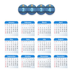 English Calendar 2024 with circle jeans tags