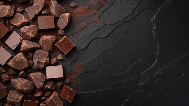 Pieces of broken chocolate on a black marble background with free space