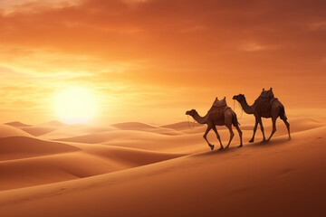 Camels caravan in the desert at sunset