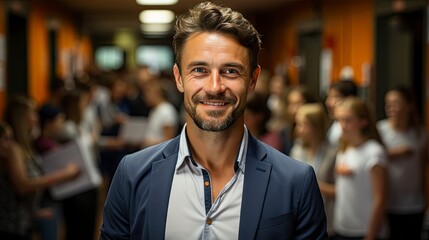 Fototapeta premium Smiling man in crowd, emanating confidence amid bustle.