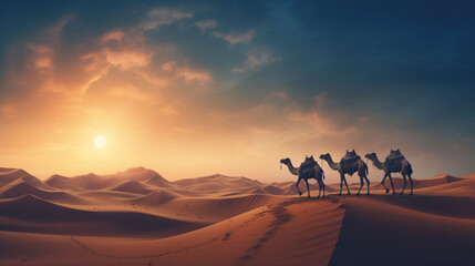 A group of walking camels in a desert sunset.
