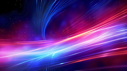 In a deep cosmic backdrop, abstract cosmic expanse presents vibrant, luminous energy lines in dynamic, fluid motion with electric blues and vibrant reds, conveying the energy of the universe.