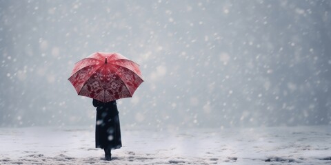 A Woman Strolls Through Snowfall, Sheltered by an Umbrella