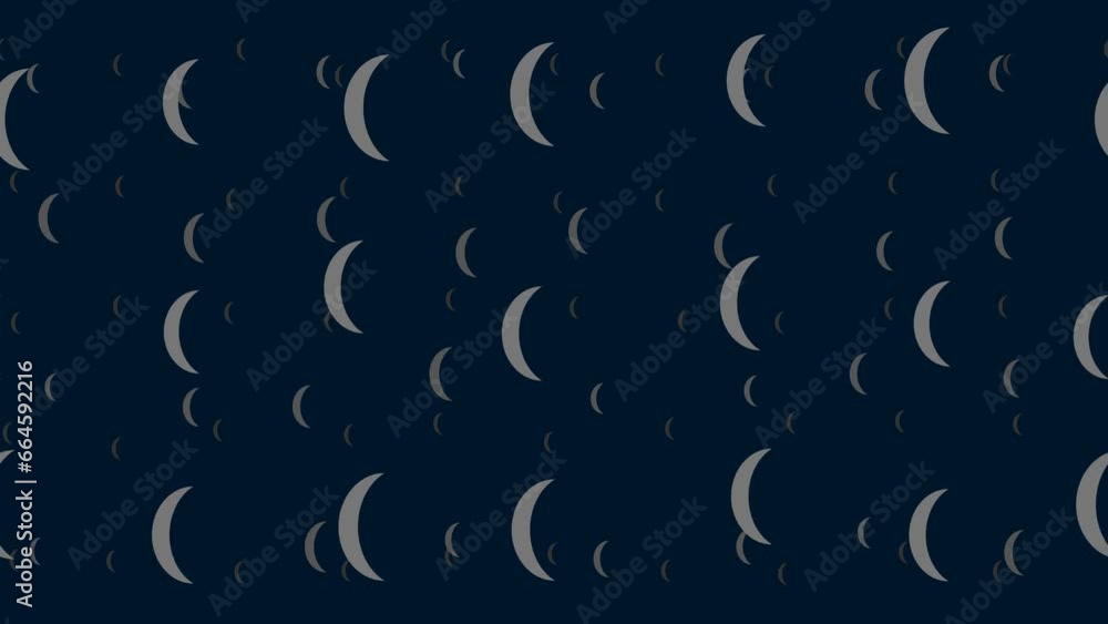 Poster crescent symbols float horizontally from left to right. parallax fly effect. floating symbols are lo