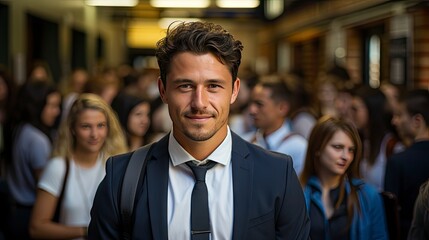 Fototapeta premium Smiling man in crowd, emanating confidence amid bustle.