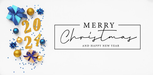 Beautiful greeting banner for Christmas and New Year with gifts and decorations