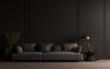 Interior of modern living room with black walls, wooden floor and grey sofa.