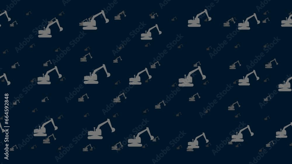 Poster excavator symbols float horizontally from left to right. parallax fly effect. floating symbols are l