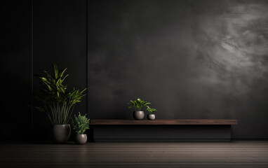 Interior of modern living room with black walls, wooden floor, dark wooden floor and plants in pots.
