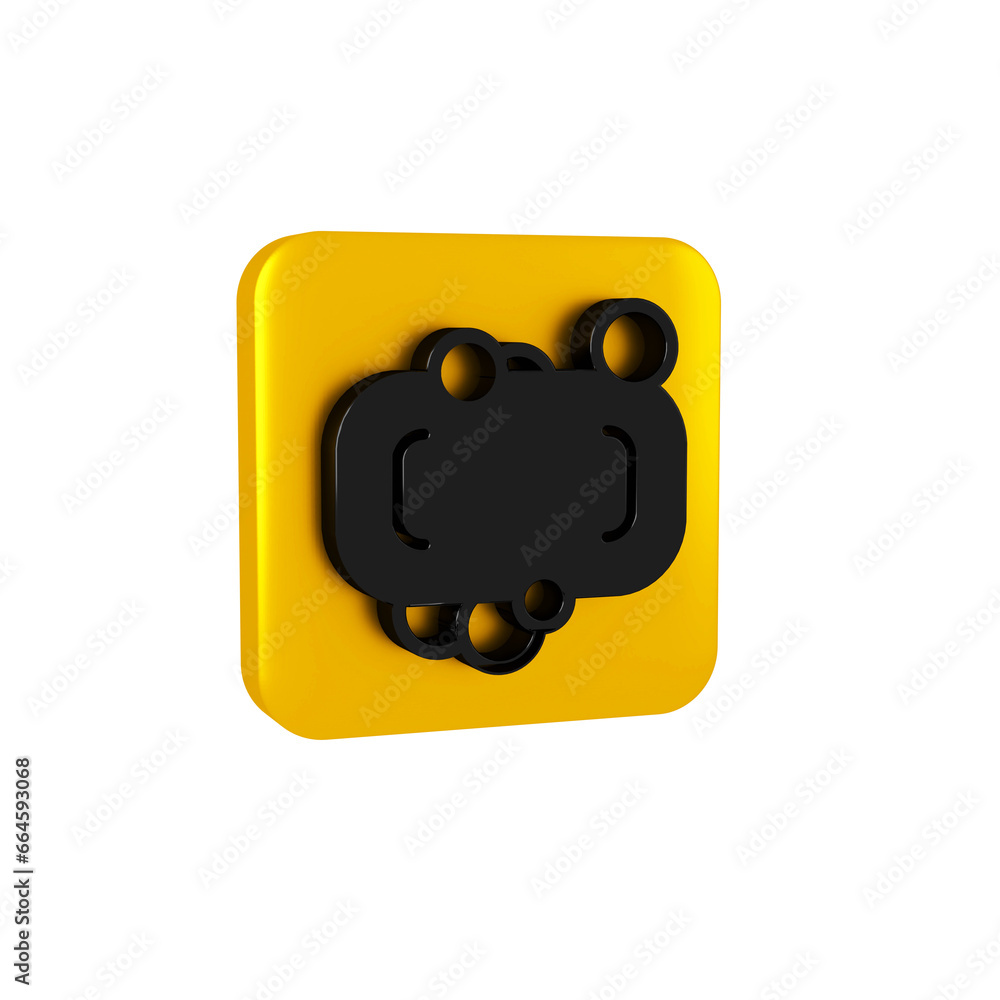 Poster black bar of soap icon isolated on transparent background. soap bar with bubbles. yellow square butt