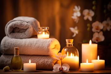 Fototapeta na wymiar A beautiful massage room for complete relaxation. Candles, oil and towels create a wonderful relaxing atmosphere.