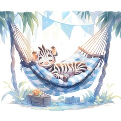 A sleepy baby zebra in a hammock. watercolor illustrations.