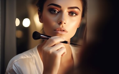 Obraz premium A gorgeous woman applying some makeup in front of a mirror
