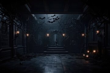 Halloween dark corridor with bats flying around. - obrazy, fototapety, plakaty