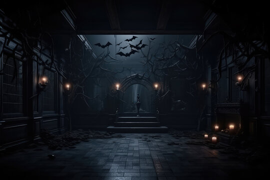 Halloween dark corridor with bats flying around.