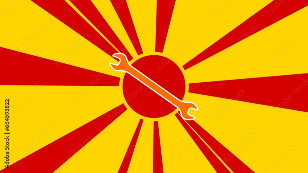 Poster wrench symbol on the background of animation from moving rays of the sun. large orange symbol increa