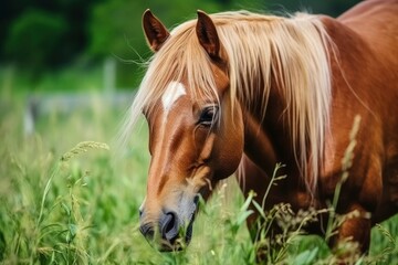 Obraz premium Brown horse with blond hair eats grass on a green meadow detail from the head.