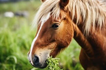 Fototapeta premium Brown horse with blond hair eats grass on a green meadow detail from the head.