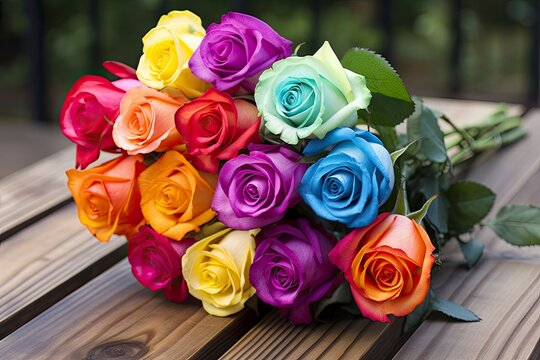 Bunch of multi colored roses on wooden planks, happy birthday lying on planks.