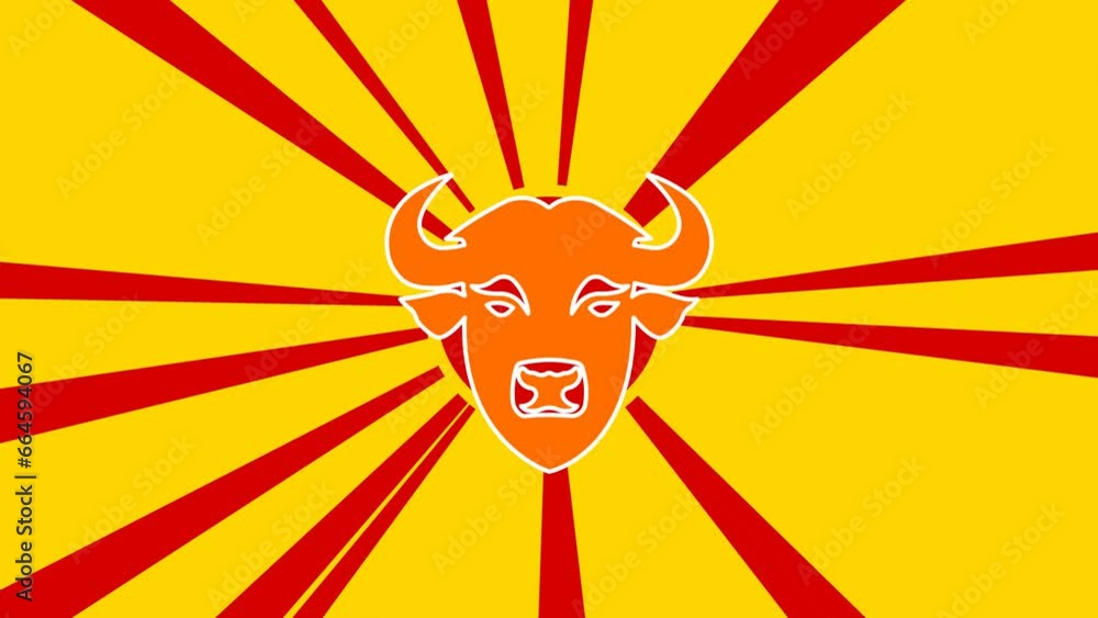 Poster Buffalo head symbol on the background of animation from moving rays of the sun. Large orange symbol increases slightly. Seamless looped 4k animation on yellow background