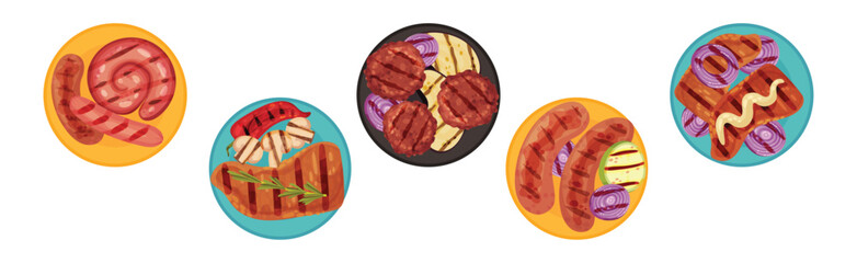 Grilled Food with Meat and Vegetables Served on Plates Vector Set