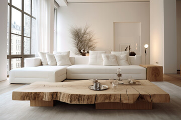 Rustic interior design of modern studio apartment. Tree stump coffee tables near beige sofa in Scandinavian room.