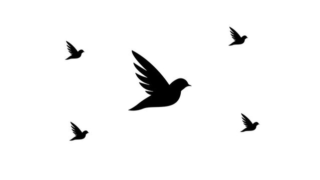 Zoom in and out animation the bird symbol. Large black symbol in the center and four small symbols around. Seamless looped 4k animation on white background