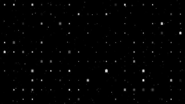 Template animation of evenly spaced turtle symbols of different sizes and opacity. Animation of transparency and size. Seamless looped 4k animation on black background with stars