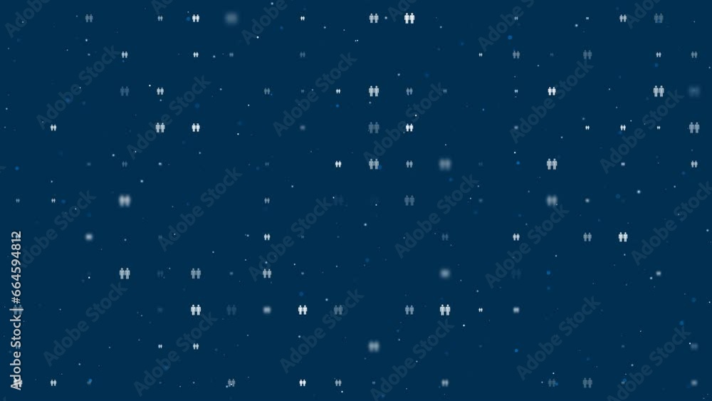 Poster Template animation of evenly spaced man with man symbols of different sizes and opacity. Animation of transparency and size. Seamless looped 4k animation on dark blue background with stars