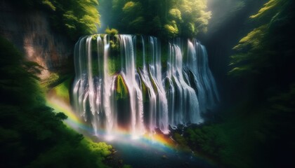 Rainbow hues shining through the mist of a hidden waterfall in a dense forest.