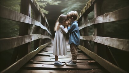 Fototapeta na wymiar Two children spend time happily on an old wooden bridge.