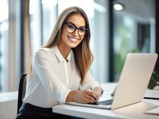 a young smiling beautiful woman is working at a laptop in the office